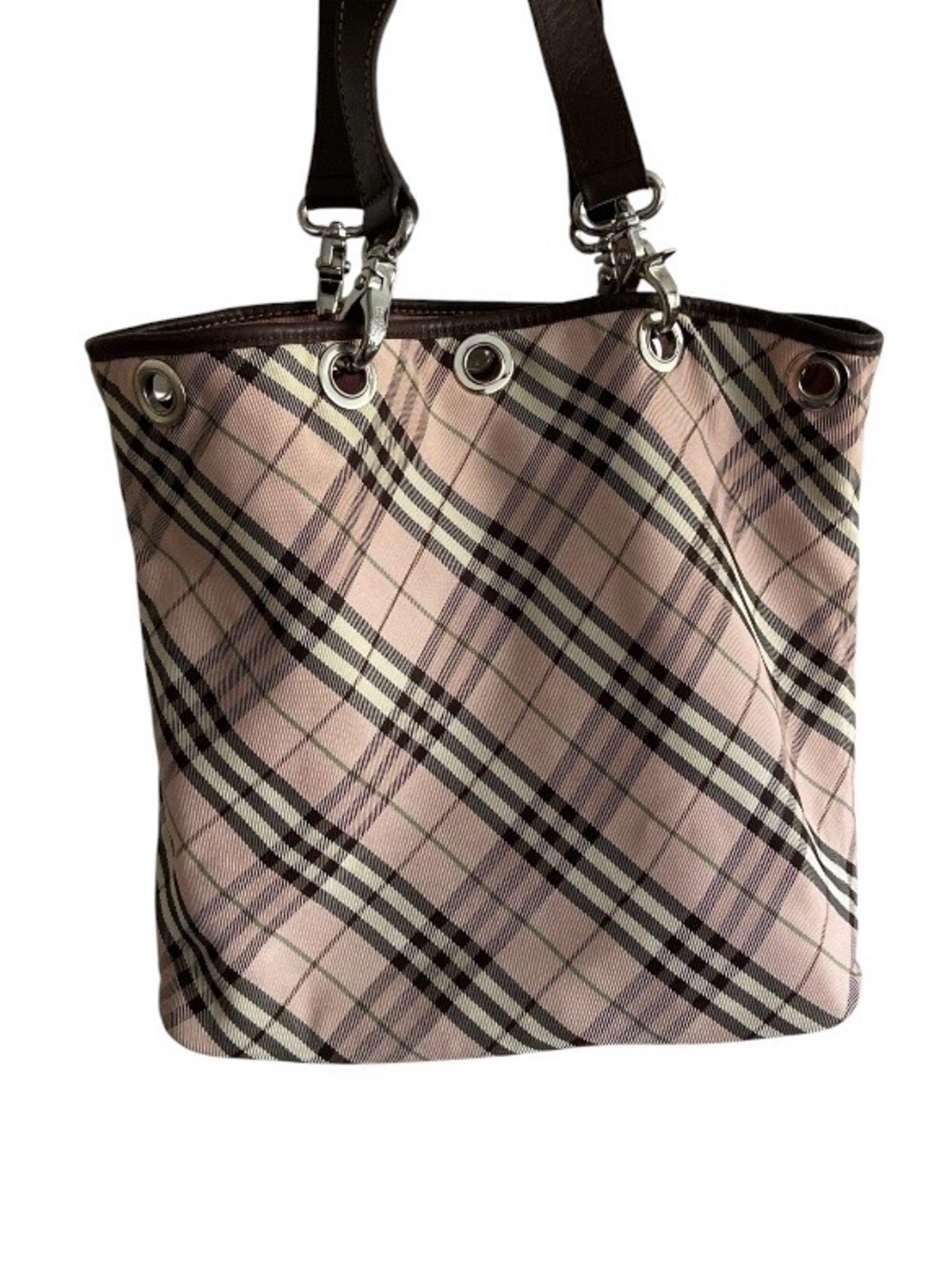 Burberry reversible Plaid Pink Tote Bag with Brown Handles
